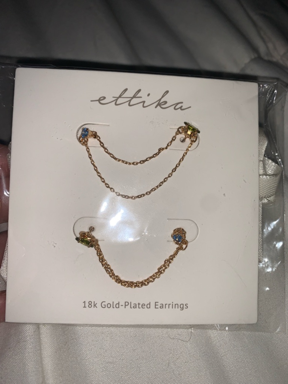 ettika Gold-Plated Double Chain Earrings with Blue and Green Stones